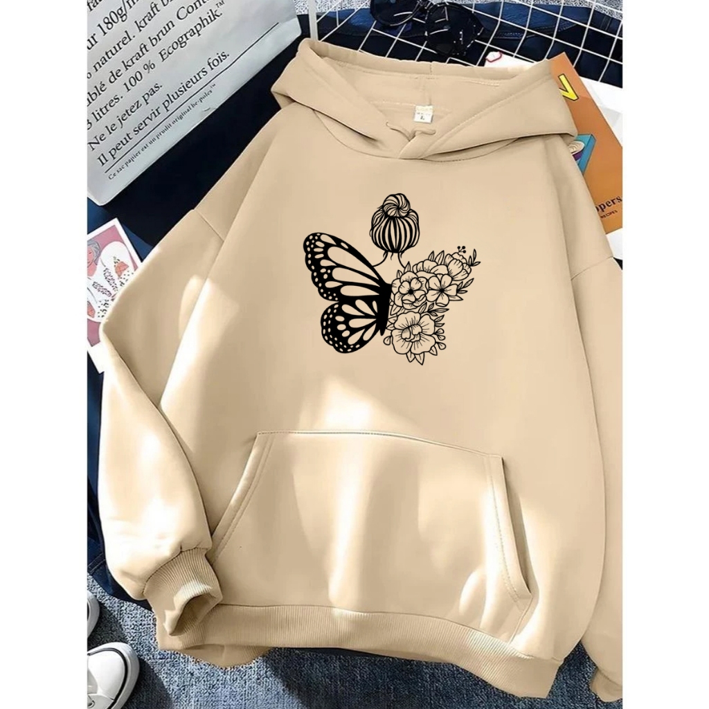 Moletom Canguru Unissex Girl Butterfly Flores Agasalho Casaco Blusa De Frio Blusão Capote Flanelado em Oferta na Shopee