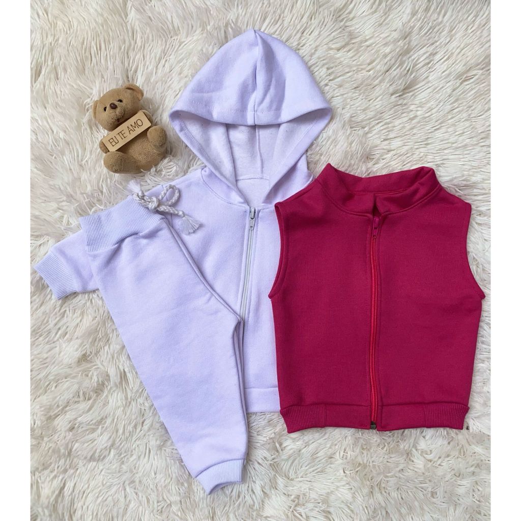 Kit Conjunto Moletom Infantil Branco com Capuz + Colete Infantil dos 3 aos 18 Meses Roupa de Frio Menino e Menina