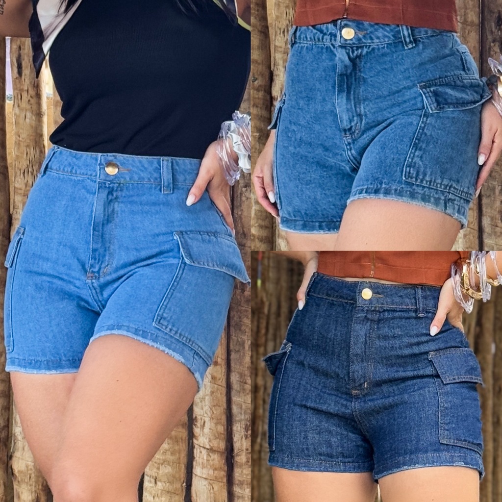 Short Jeans Feminino Com Bolso Cargo Destroyed Bermuda Jeans