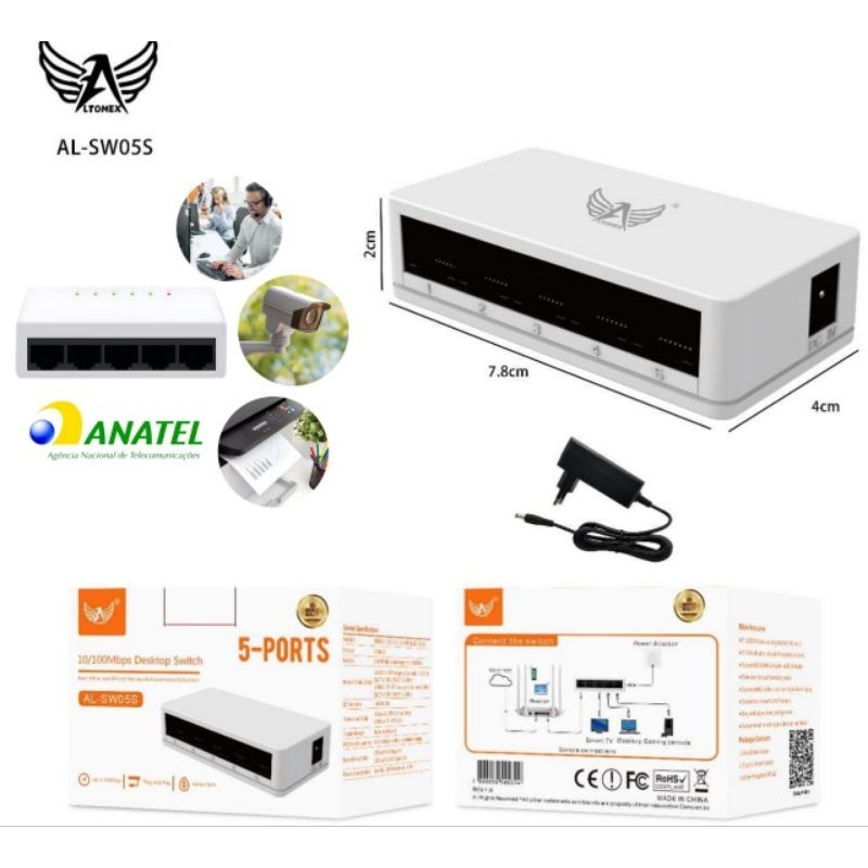 Switch Rj45 5 Portas Lan Gigabit Hub 10/100mbps + Fonte de alimentação Bivolt