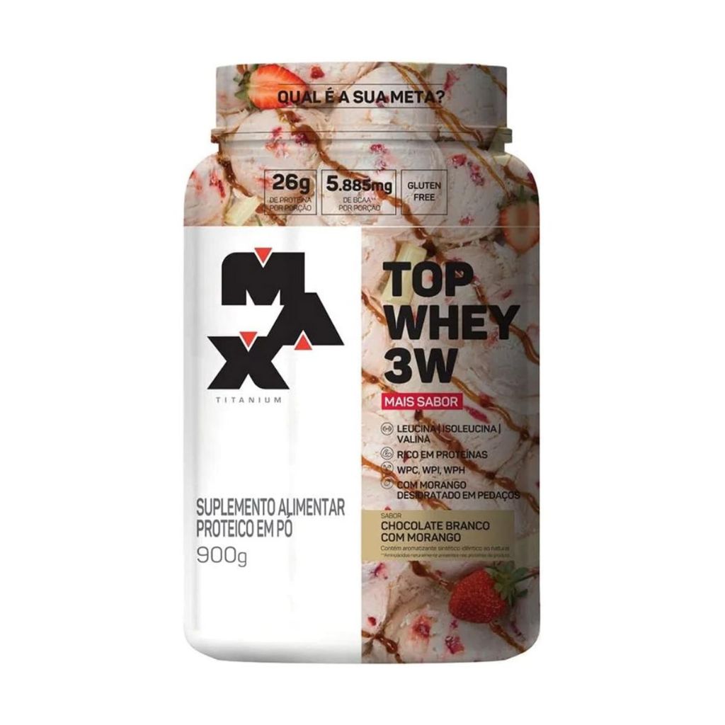 Top Whey Max Titanium 3W Mais Sabor Choco Branco Com Morango Pote 900g - Health