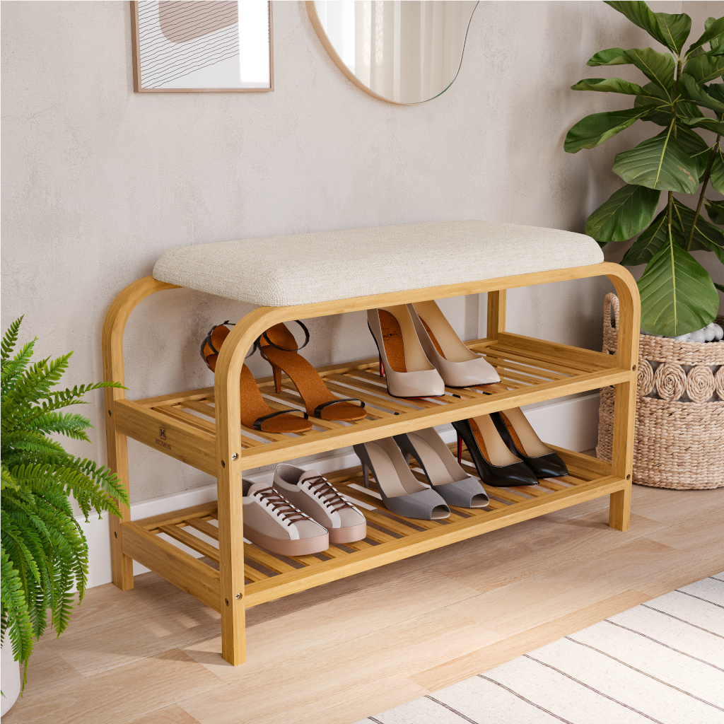 Sapateira em Bambu com Banco Estofado 70cm com 2 Andares, Entrada/Hall e Corredor, Heimon