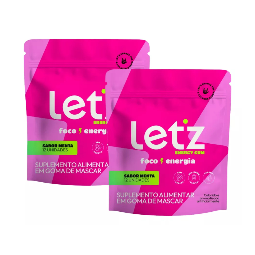 Kit Chiclete Energético Letz Gum Pré treino Cafeína Taurina 2 pacotes (24 unidades)