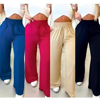 Calça Feminina Pantalona Cintura Alta Lastex Bolso Alfaiataria Preta em Oferta na Shopee