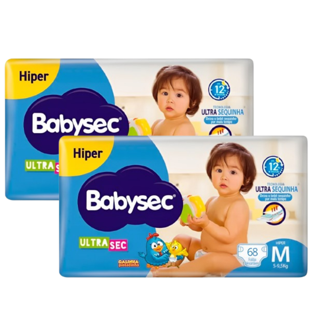 Kit 2 Pcts Fraldas Descartáveis Babysec UltraSec Hiper - Tamanho M - Total 136 Tiras