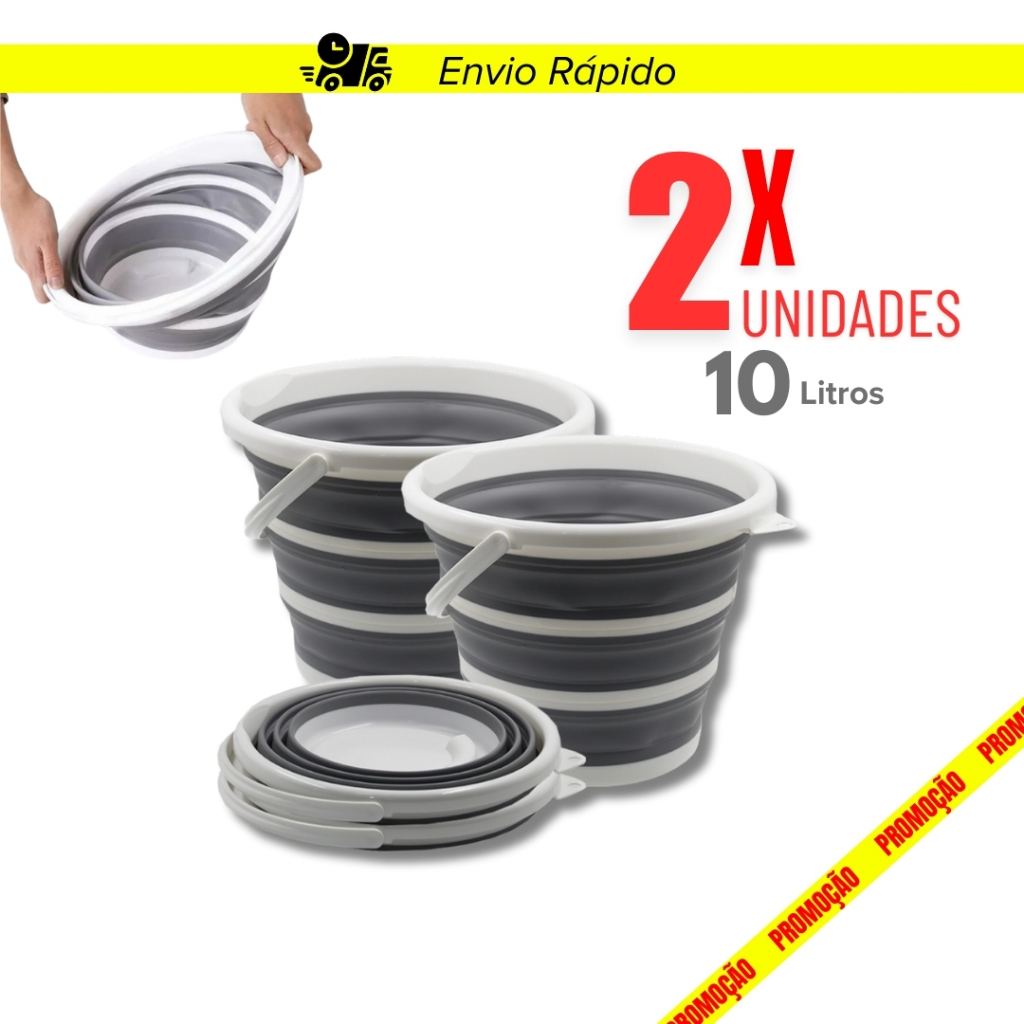 Kit 2 1 Balde Retrátil 10 Litros Powermaid Cinza Fácil de Guardar Alça e Gancho de Parede Dobrável