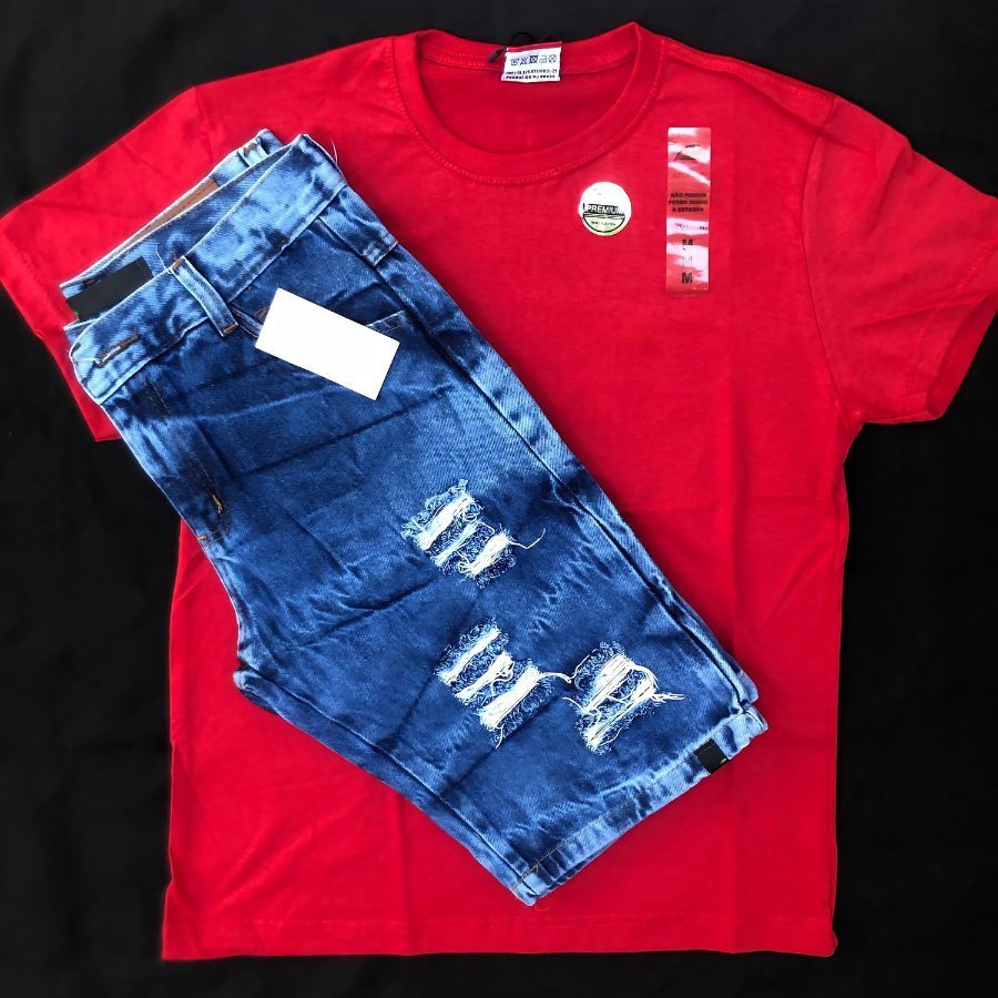 Kit Com Camisa & Bermuda Jeans Masculina / Blusa Malha Vermelha