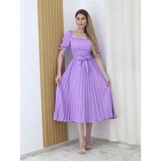 A&D Vestido Plissado liso Manga Elástico Bufante curto em Oferta na Shopee