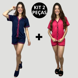 KIT 2 PEÇAS Baby Doll Blogueirinha Curto Pijama Feminino Americano Botões Aberto Virginia Short Doll Adulto