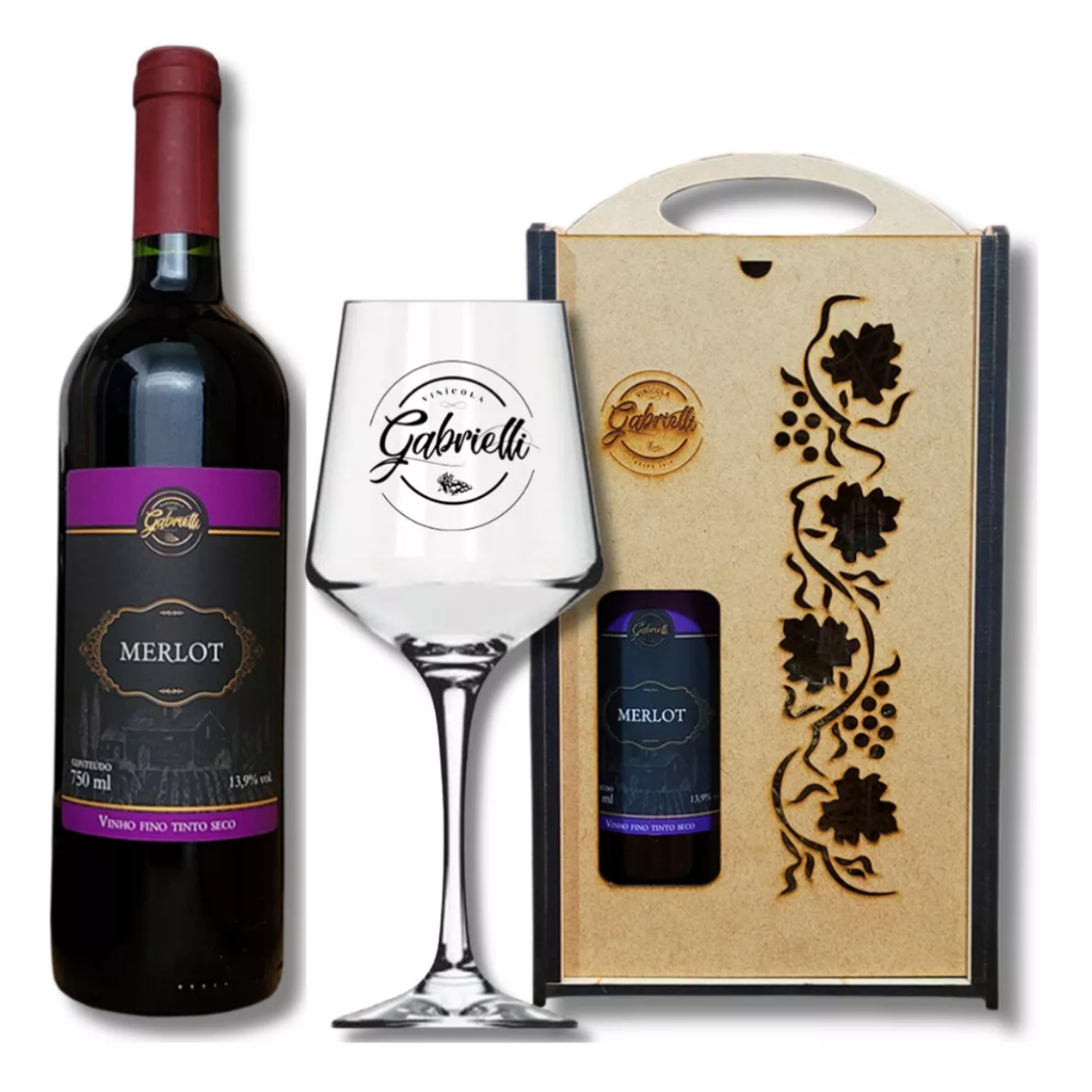 Kit Presente Caixa MDF + Taça + Vinho Tinto Seco Merlot Vinícola Gabrielli