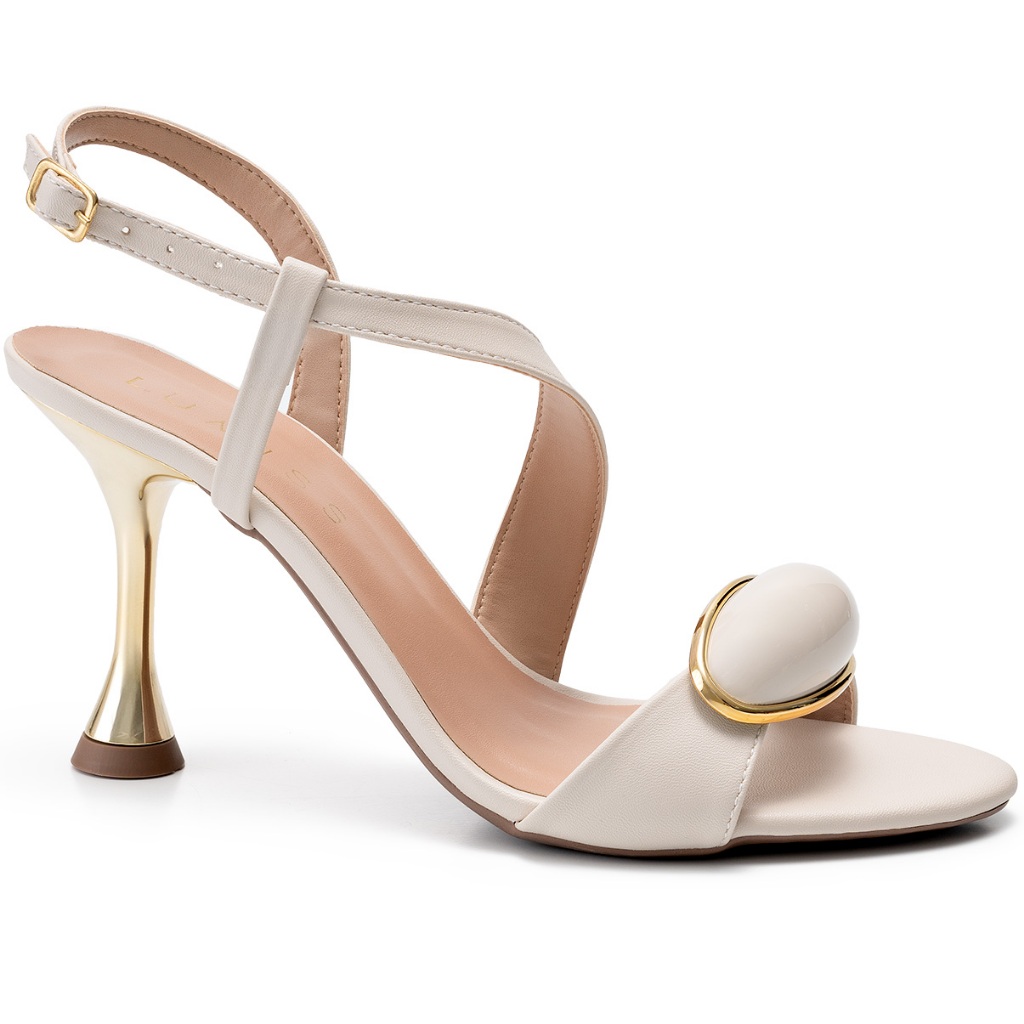 Sandália Feminina Lumiss Confortável Salto Fino Alto Metalizado Enfeite Off White em Oferta na Shopee