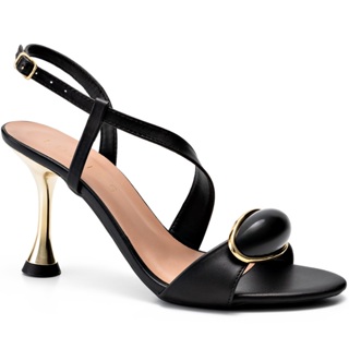 Sandália Feminina Lumiss Confortável Salto Fino Alto Metalizado Enfeite Preto em Oferta na Shopee