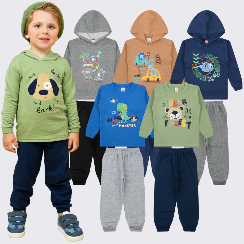 Kit 10 Peças 5 Conjuntos Moletom Infantil Roupa Menino Inverno Frio