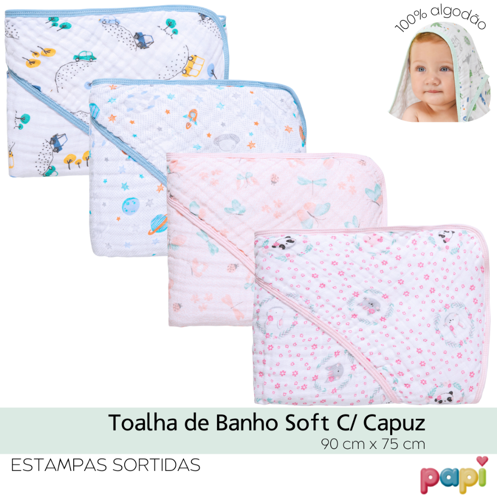 Toalha De Banho Para Bebê Fralda Soft Especial Capuz - Papi