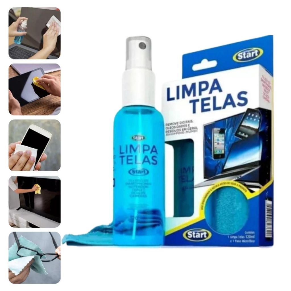 Limpa Telas Start 120ml + Pano Microfibra Removedor De Sujeira Oleosidade Digitais E Resíduos Em Geral