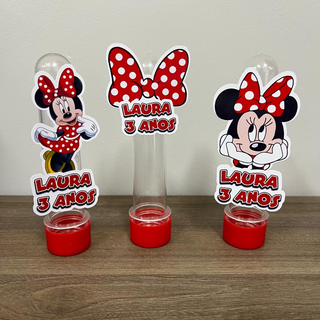 Tubetes + Apliques 3D Personalizado Lembrancinha Festa Aniversário Minnie (VERMELHO OU ROSA)