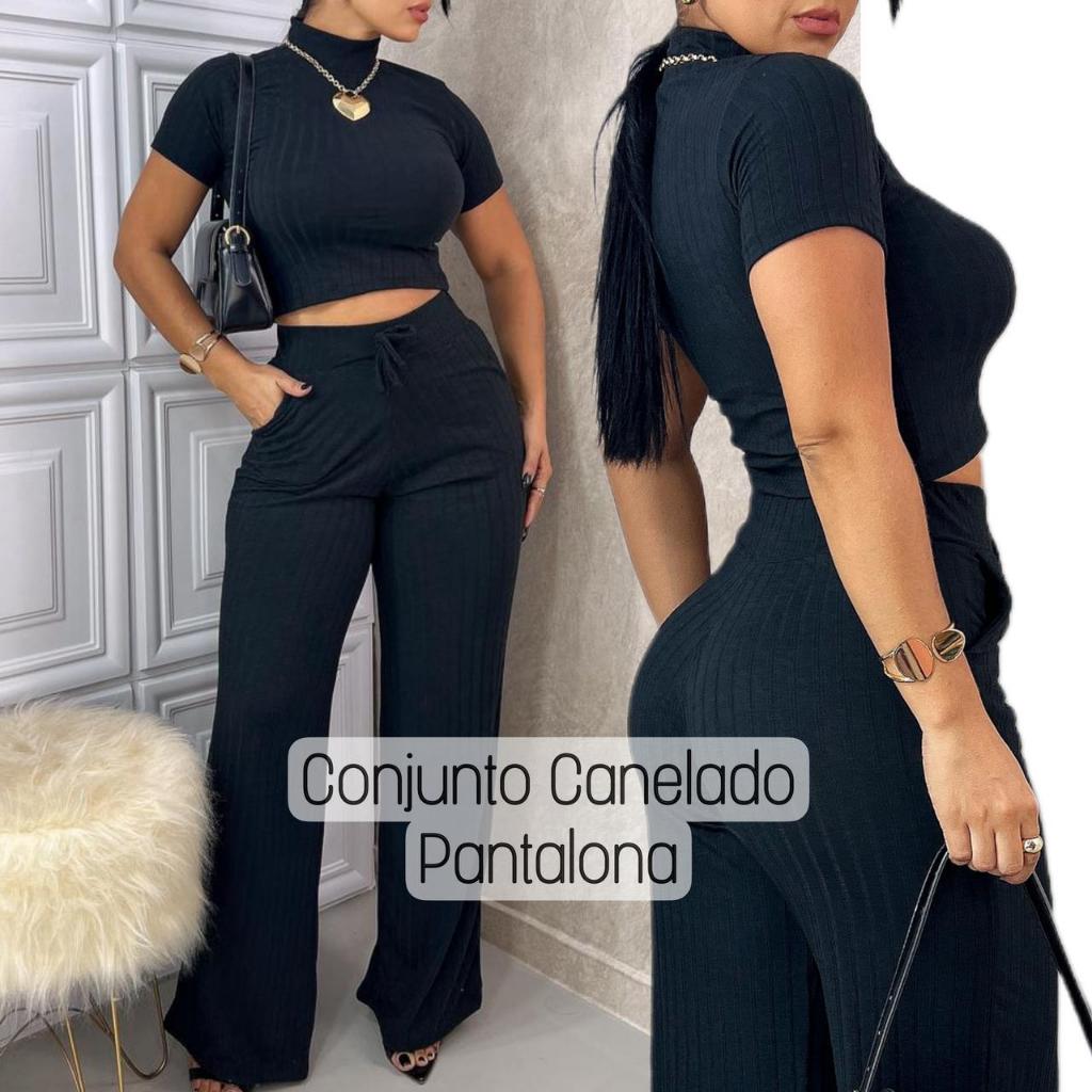 Conjunto Feminino Canelado Calça e Blusa Malha Com Elastano Confortavel em Oferta na Shopee