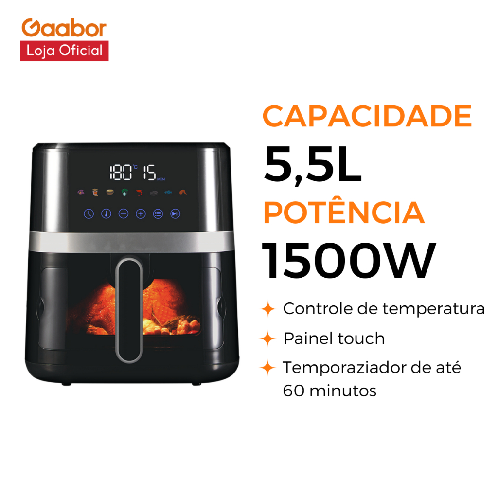 Fritadeira Air Fryer Gaabor Elétrica Digital Touch e Visor Transparente Jumbo 5,5L 1500W em Oferta na Shopee