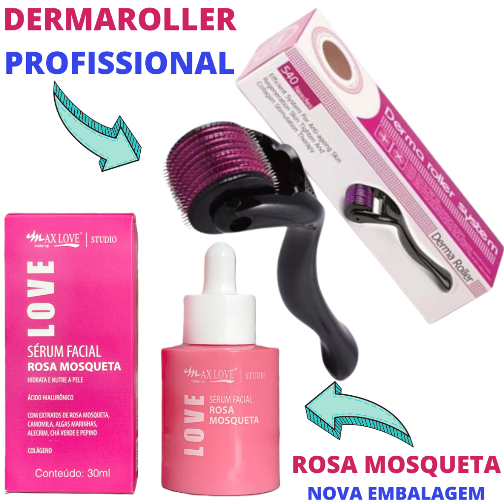 Kit Microagulhamento Dermaroller + Sérum Rosa Mosqueta Com Ácido Hialuronico e Colágeno