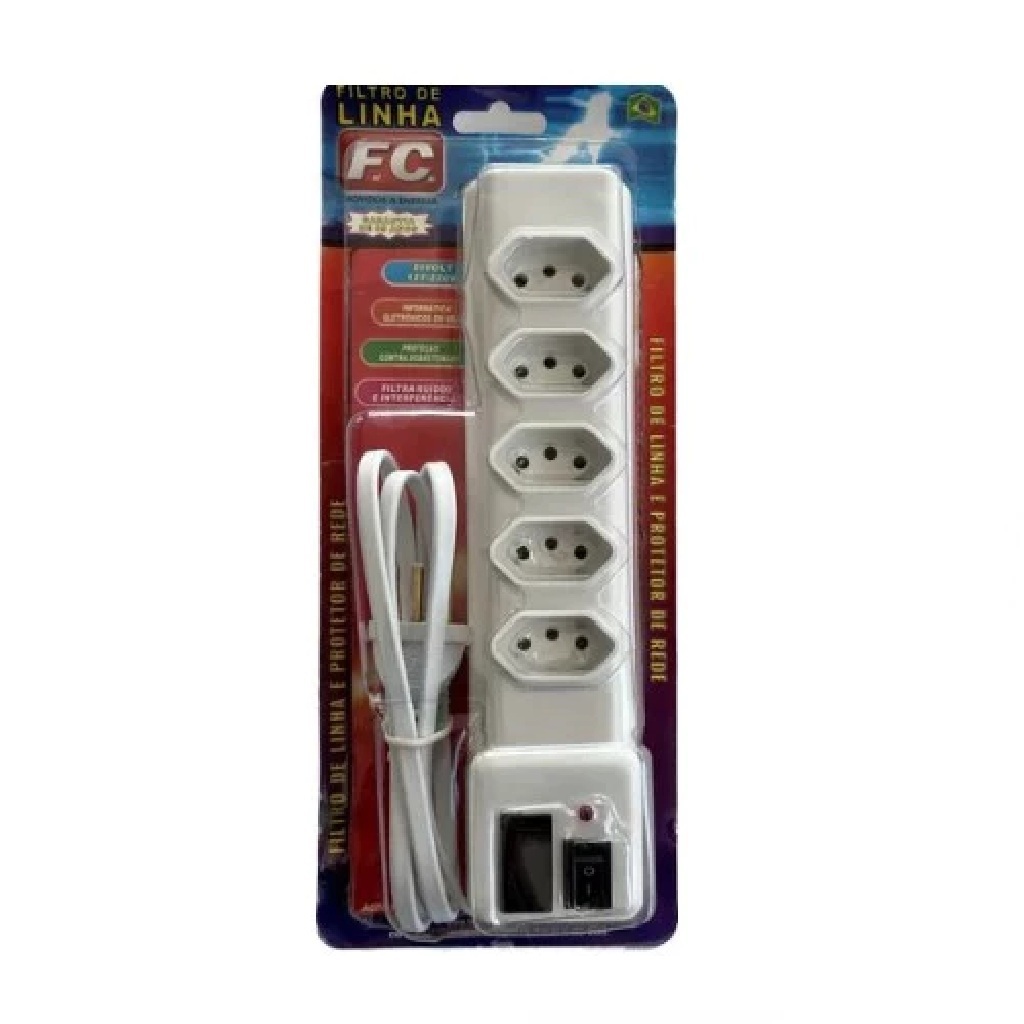 Filtro De Linha 5 Tomadas Bivolt 127 220 v Comprimento 1,20 cm Com Fusivel Reserva