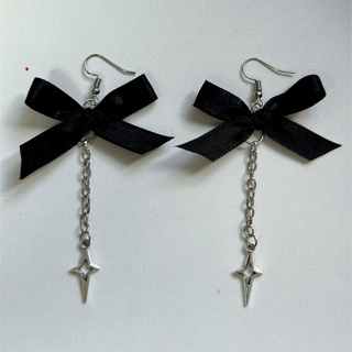 Brinco de Laço de Cetim preto Longo com Cristal - Brinco longo com pingente de estrela de 4 pontas em Oferta na Shopee