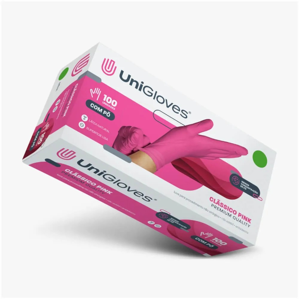 Luva Descartável Látex UniGloves Pink Rosa - 1 CX com 100 und.