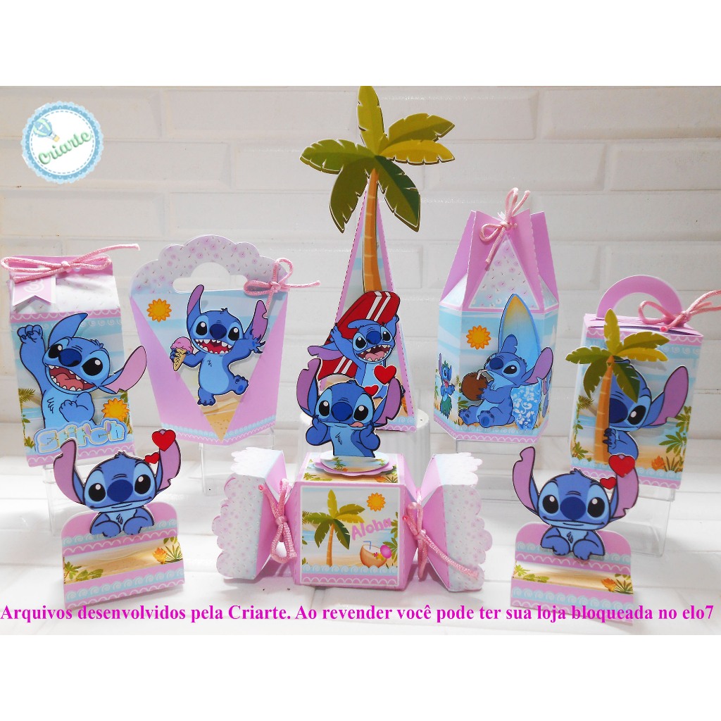 PEGUE E MONTE - Kit Caixinhas Personalizadas Festa Aniversário Stitch Rosa