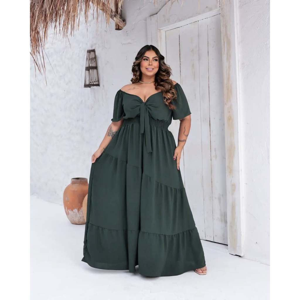 1 Vestido DUNA Feminino Longo Plus Size Liso Gola V em Oferta na Shopee