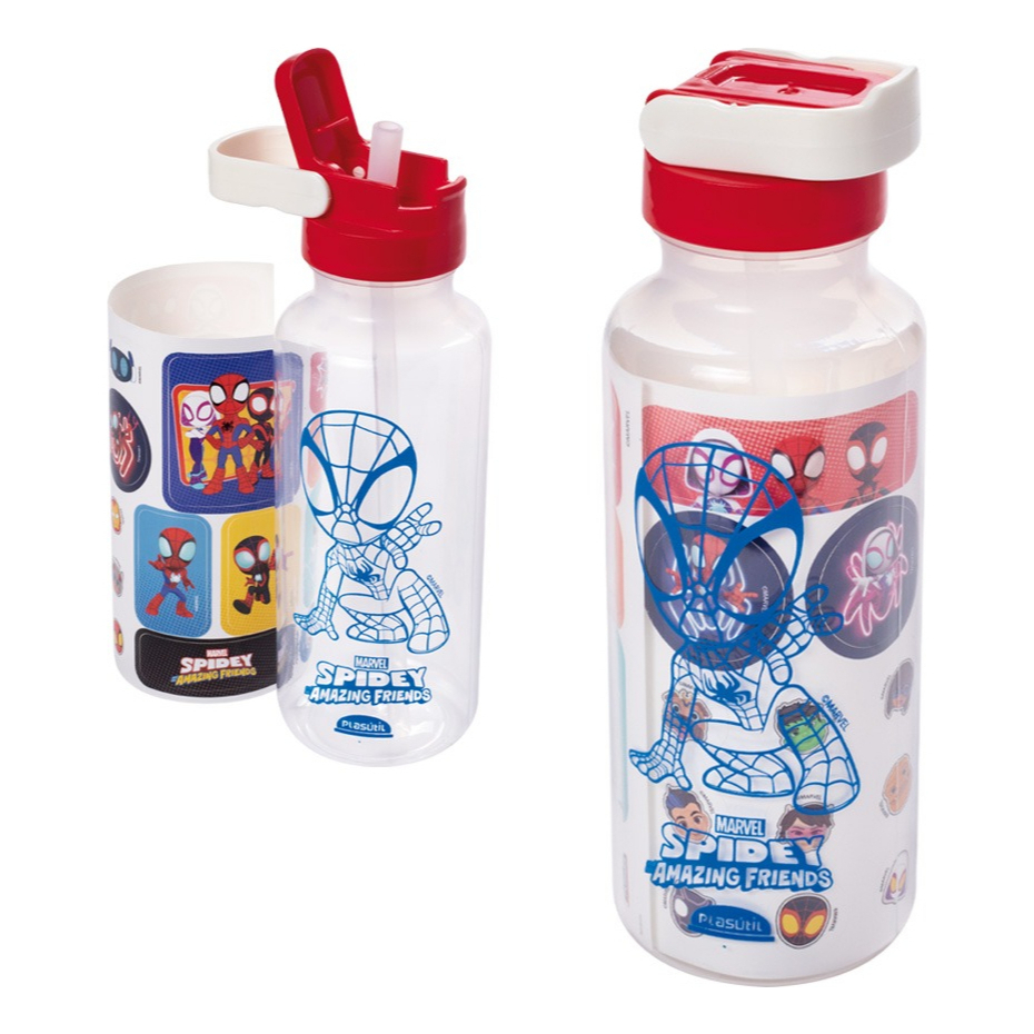 Garrafa Plasútil Abre Fácil Stitch Spidey Aranha Avangers  Mickey Divertidamente 600ml + Adesivos em Oferta na Shopee