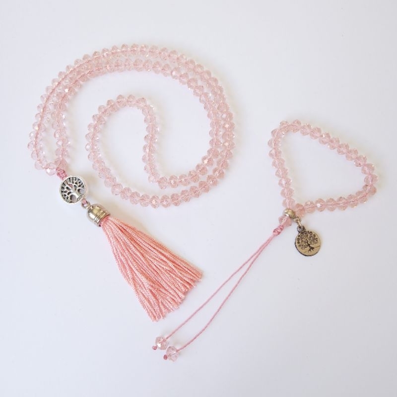 Imagem Japamala 108 Contas Cristal Rosa Claro + Pulseira 27 Contas 8MM Rosário Budista Ref:266