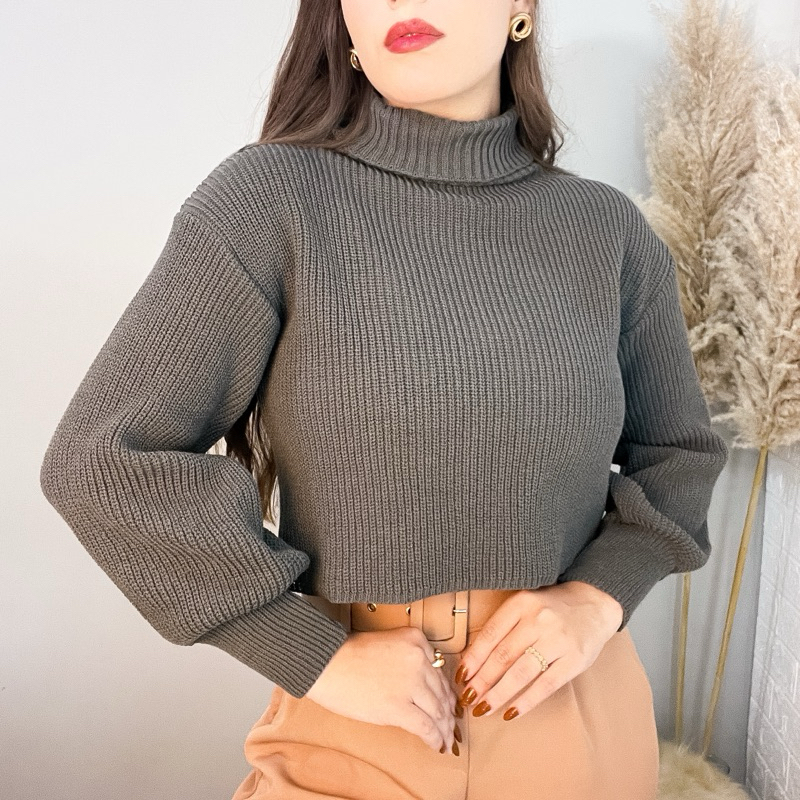 Blusa Cropped Feminino de Inverno manga Bufante gola Alta