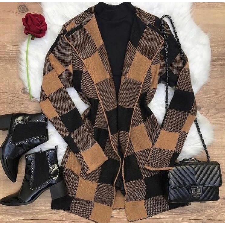 CASACO FEMININO TRICÔ KIMONO ESTAMPA XADREZ TIPO CARGIGAM em Oferta na Shopee