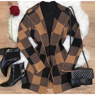 CASACO FEMININO TRICÔ KIMONO ESTAMPA XADREZ TIPO CARGIGAM em Oferta na Shopee