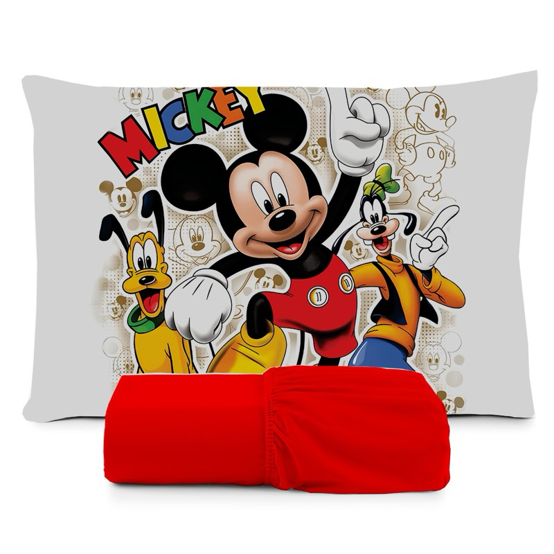 JOGO DE LENÇOL SOLTEIRO INFANTIL FESTA DO MICKEY FRONHA TRAVESSEIRO 2 PEÇAS