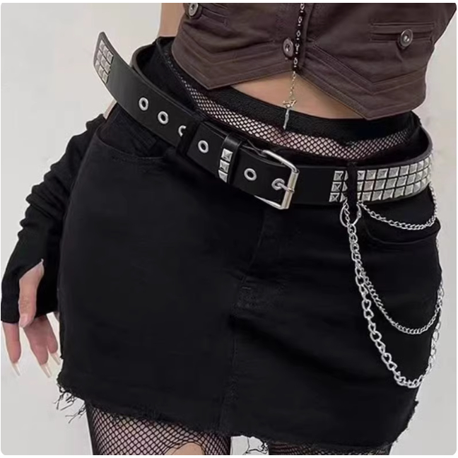 Daiana Cinto Punk Rock de decoração cravejado e corrente三排铆钉带三层链 em Oferta na Shopee