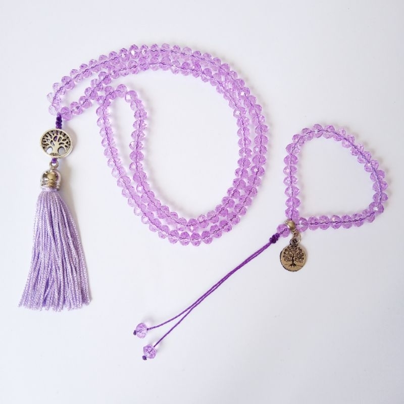 Imagem Japamala 108 Contas Cristal Lilás Com Tassel Lilás + Pulseira 27 Contas Rosário Budista Ref:127