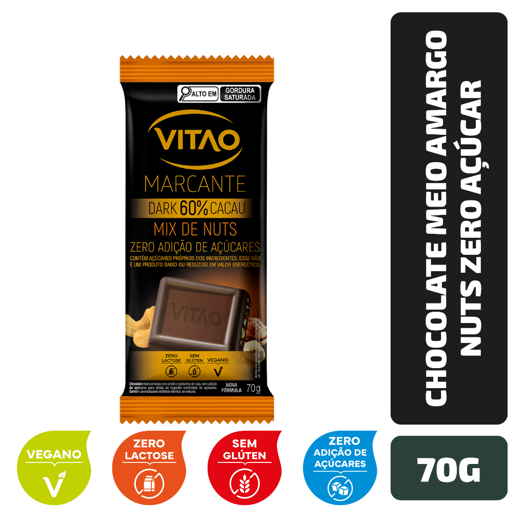 Chocolate Meio Amargo Nuts Zero Açúcar Marcante 70 g em Oferta na Shopee
