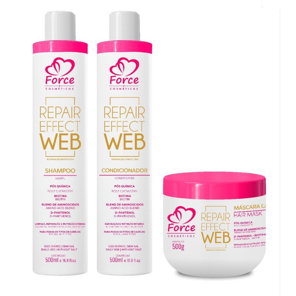 Force Cosméticos – Kit Repair Effect Web Reparação Capilar Pós-Química Efeito Teia (3 produtos)