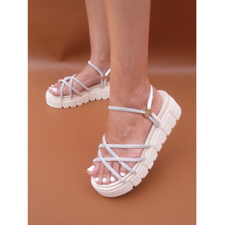 Sandalia Papete Plataforma Birken Flat Com Brilho Leve Pedraria Tiras Promoção em Oferta na Shopee