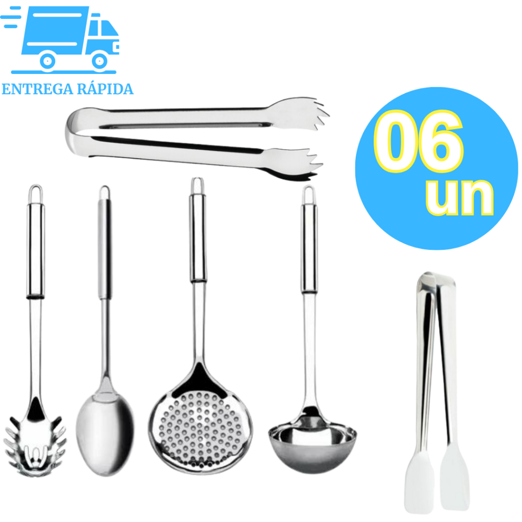 Kit 6 Pegadores de Cozinha 100% Aço Inox Multiuso Jogo Talheres Utensílios de Cozinha