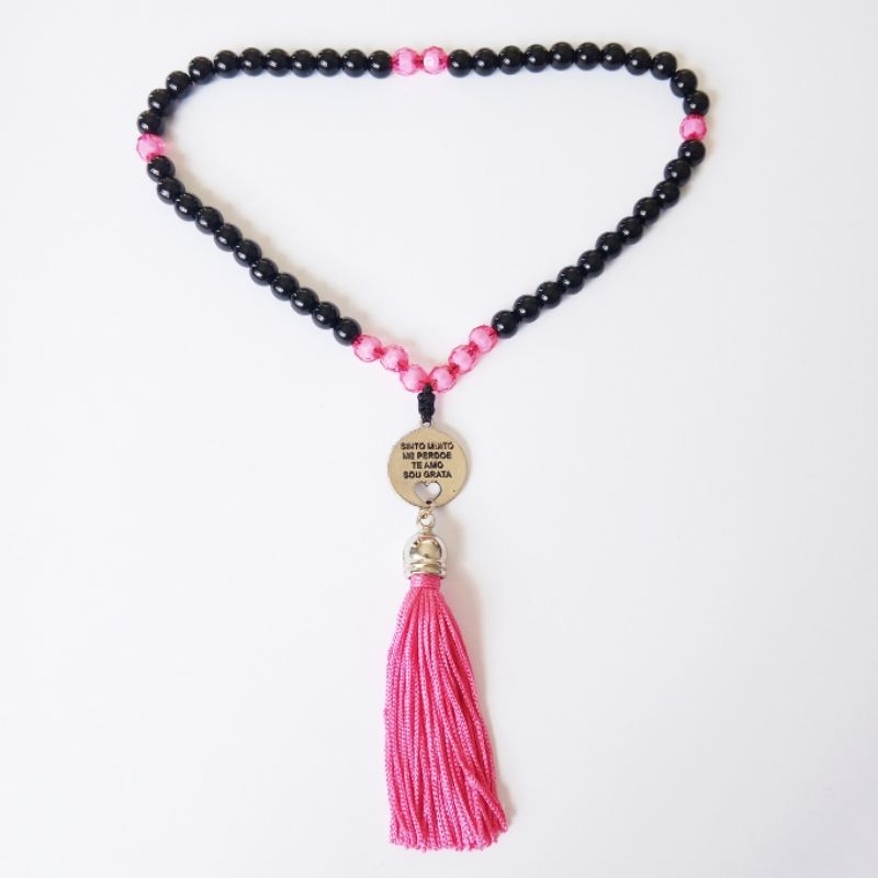 Imagem Japamala 54 Contas Pérola Negra com Acrílico Rosa com Pingente Ho'oponopono Rosário Budista Ref:277