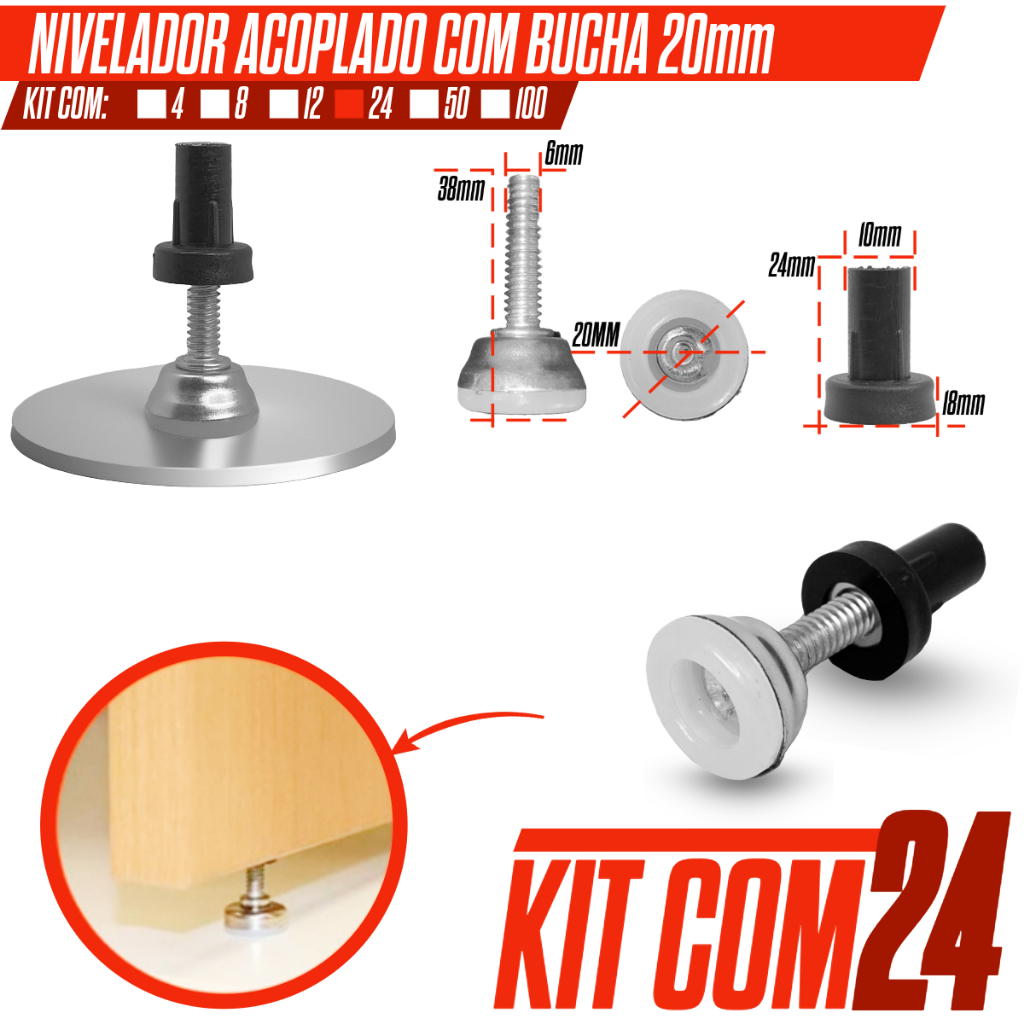 Kit 24 Pé Nivelador Redondo 20mm C/ Bucha Nivelador Acoplado Sapata Niveladora P/ Móveis