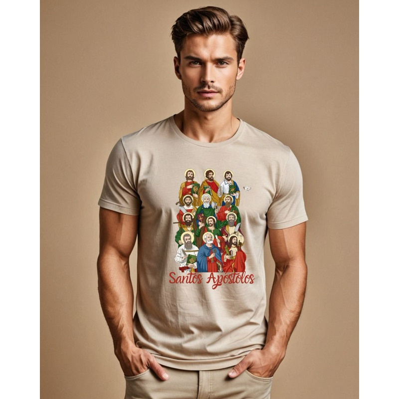 Camiseta T-shirt Bege os Apóstolos de Cristo Discípulos São Pedro São Tiago Adulto ou Plus Size