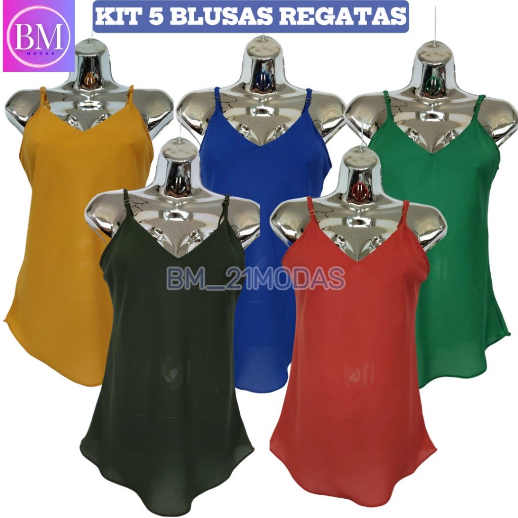Kit 5  blusas regatas femininas alça regulável com forro tecido fresquinho não amassa