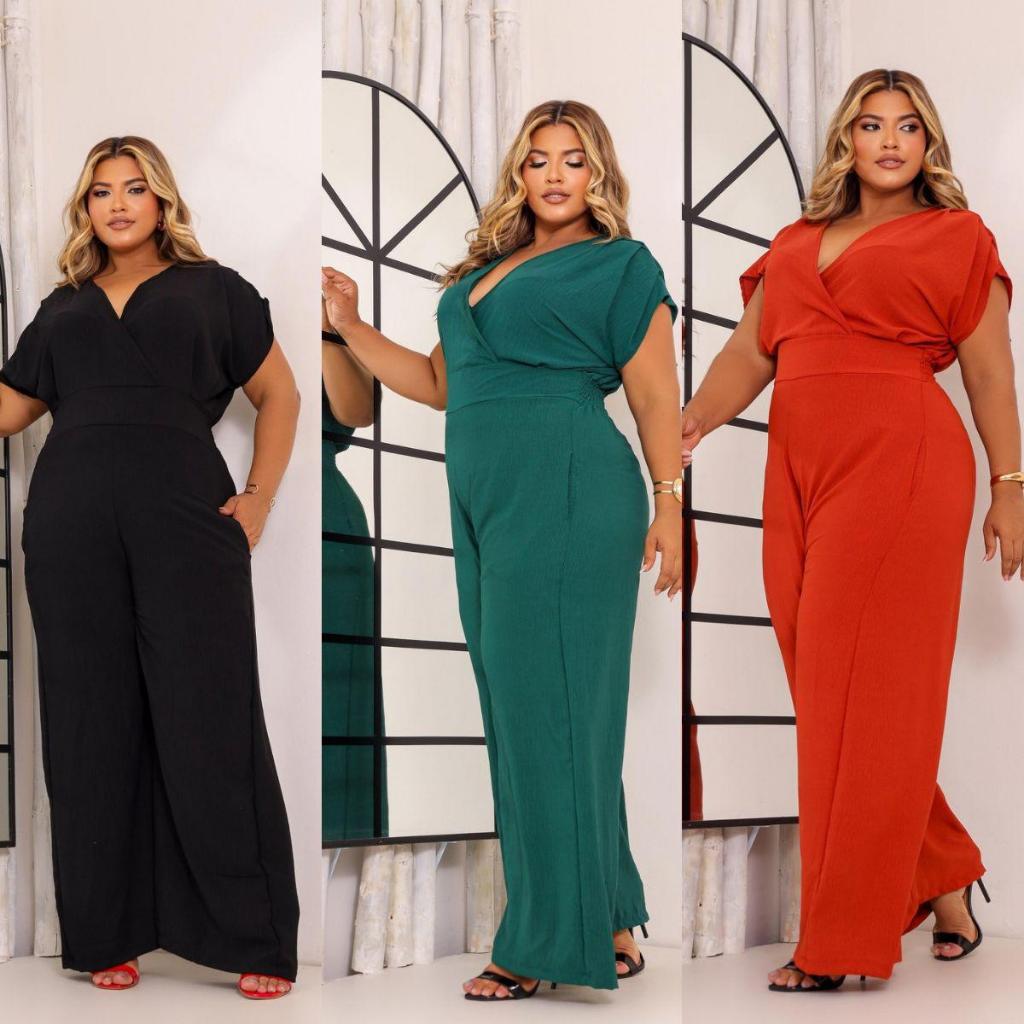 Macacao Feminino Longo Pluss Size Transpassado Elegante Com Manguinha Tendencia Moda Casual Festa