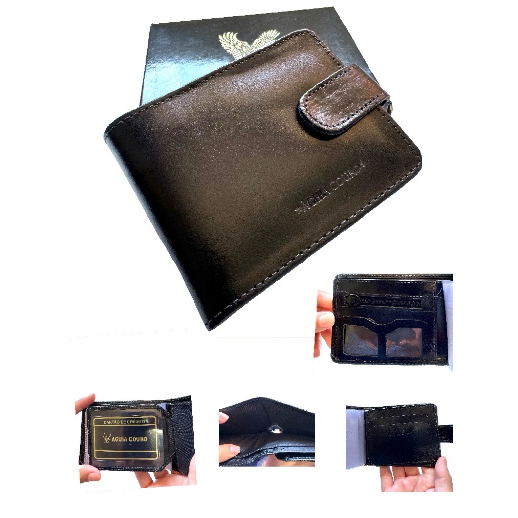 Carteira Masculina Couro Legítimo Com Fecho de Pressão Águia Couro Macia