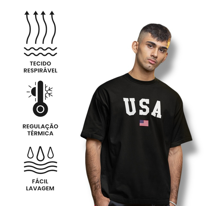 Camiseta Algodão Usa Premium Preta Básica Blusa Unissex Camisa Estados Unidos Oversized Streetwear Larga Slim Moda