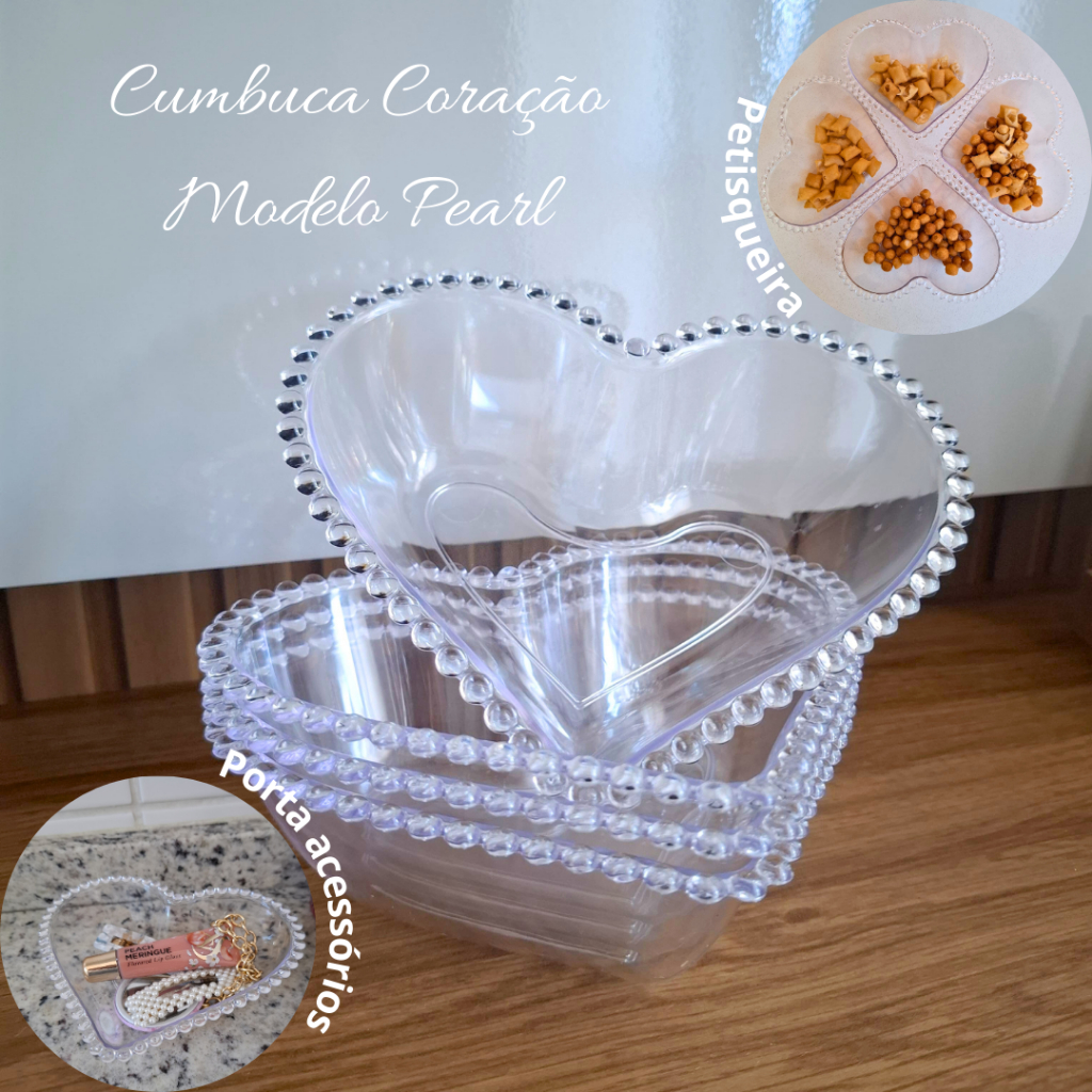 KIT C/04 CUMBUCAS CORAÇÃO PETISQUEIRA EM ACRÍLICO CRISTAL MODELO PEARL/PÉROLA DELICADA E RESISTENTE