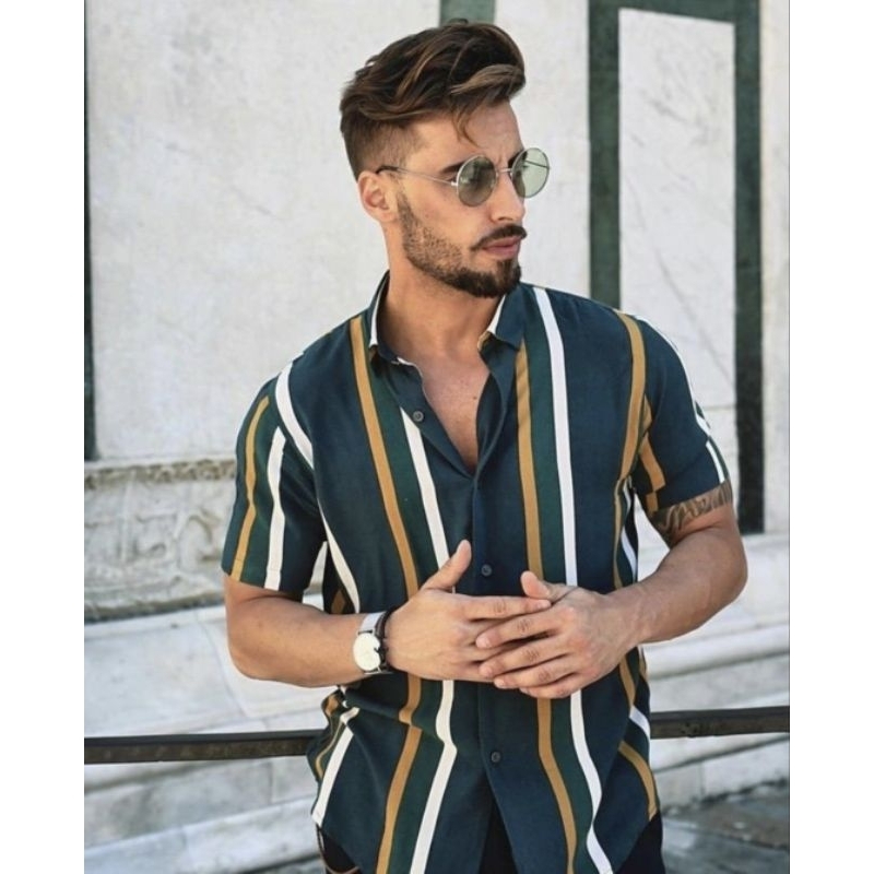 Camisa Blusa de Botão Manga Curta Listrada Verde Plus Size PP ao G5