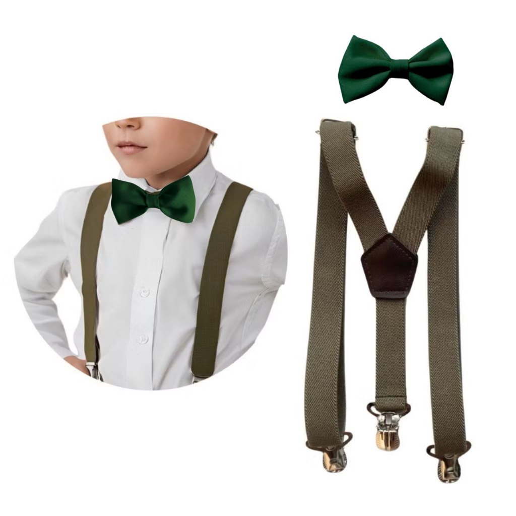 Suspensório Verde Oliva e Gravata Borboleta Infantil Verde Militar Varias Cores Combinações Pajem Batizado Premium